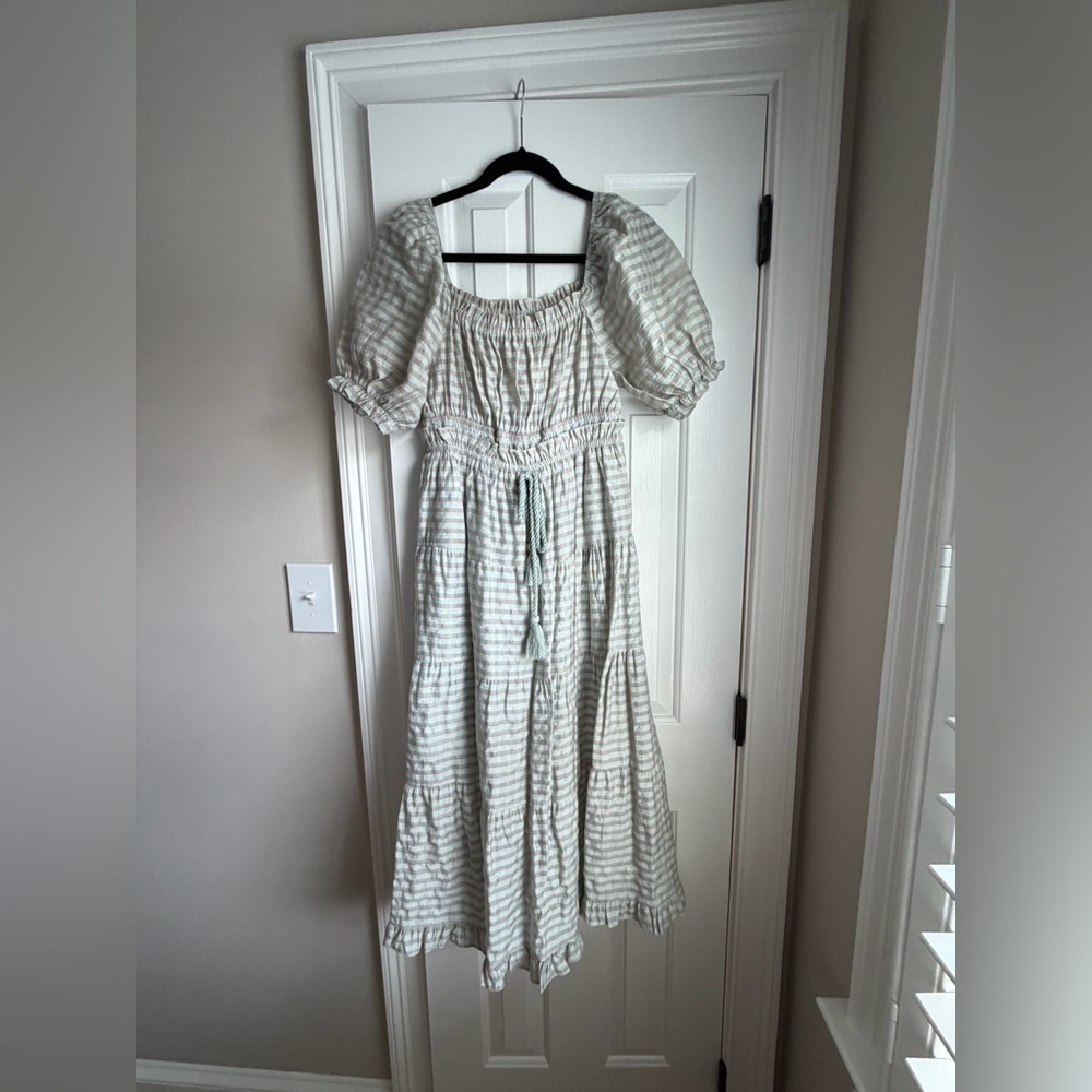 Smocked Puff-Sleeve Maxi Dress in Light Sage Stripe